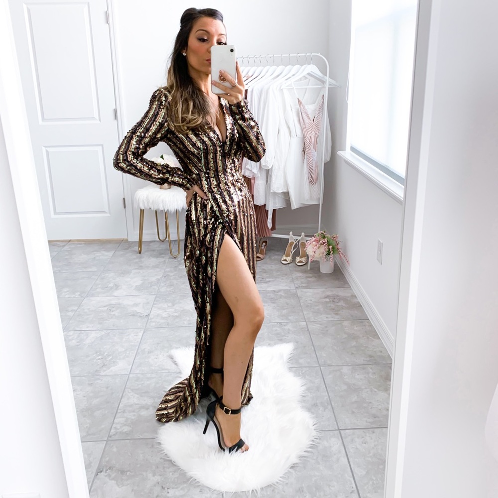Gold Black Striped Sequin Split Thigh Wrap Dress - Picture 9 of 12